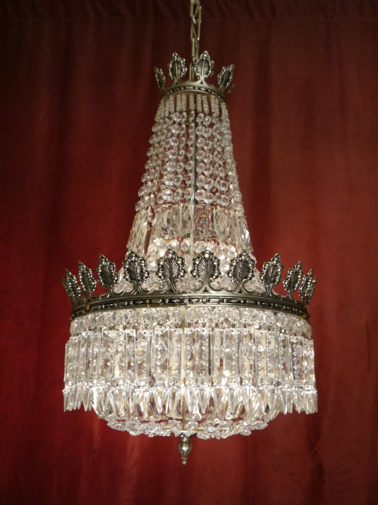 schöner mittelgroßer italienischer Kristall Korblüster Kronleuchter Nickel silberfarben Messing 6 flammig Berlin