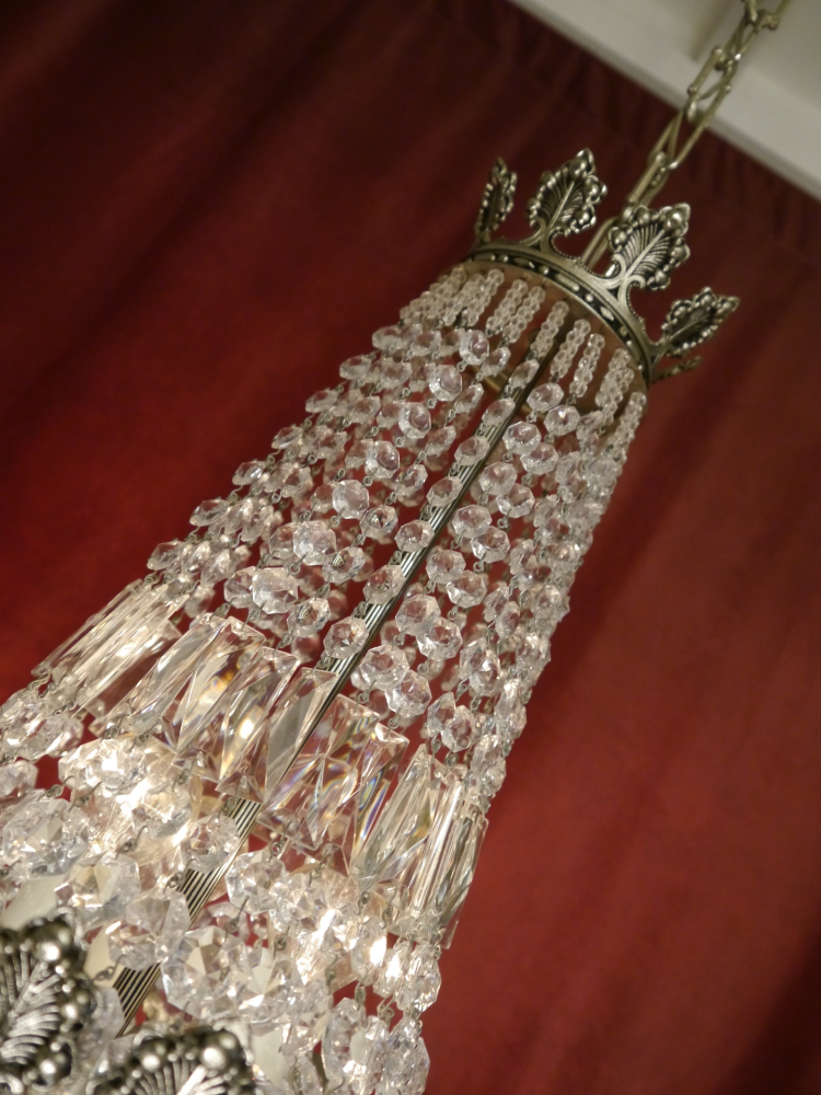 schöner mittelgroßer italienischer Kristall Korblüster Kronleuchter Nickel silberfarben Messing 6 flammig Berlin