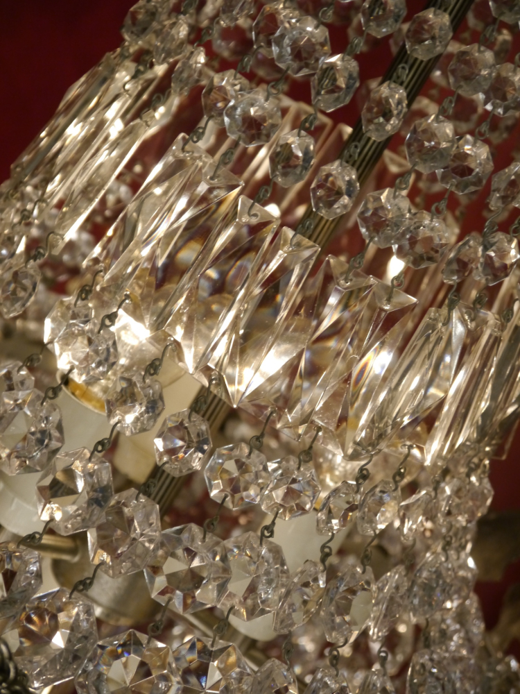 schöner mittelgroßer italienischer Kristall Korblüster Kronleuchter Nickel silberfarben Messing 6 flammig Berlin