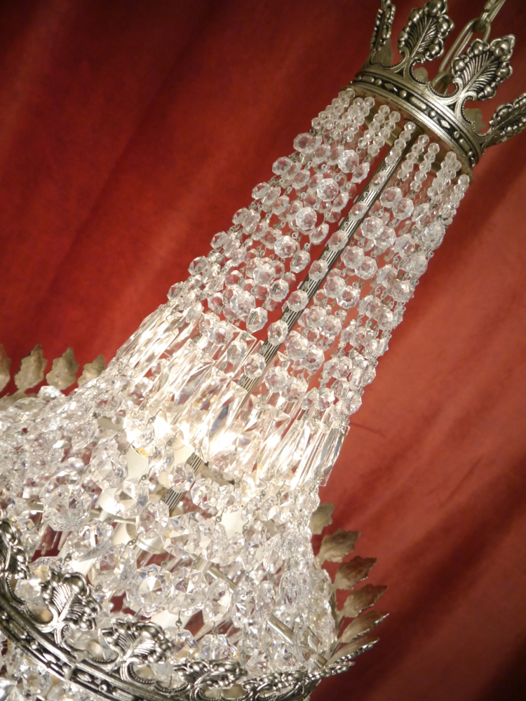 schöner mittelgroßer italienischer Kristall Korblüster Kronleuchter Nickel silberfarben Messing 6 flammig Berlin