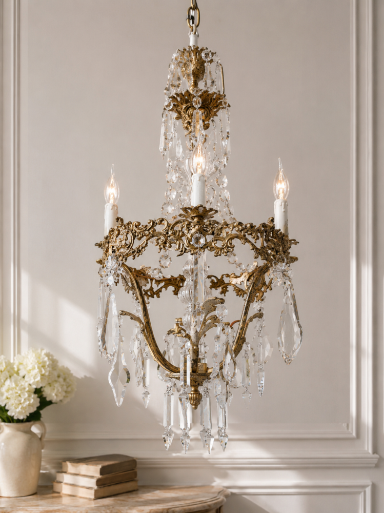 seltene Form antik Lampe Kronleuchter Bronze Bleikristall 4 flammig