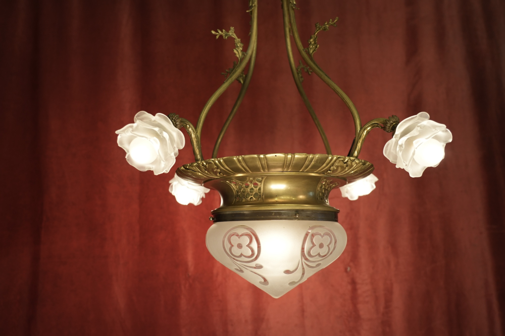 Antique French Art Nouveau Bronze Chandelier with Rose Glass Shades and Large Etched Center Bowl, circa 1900