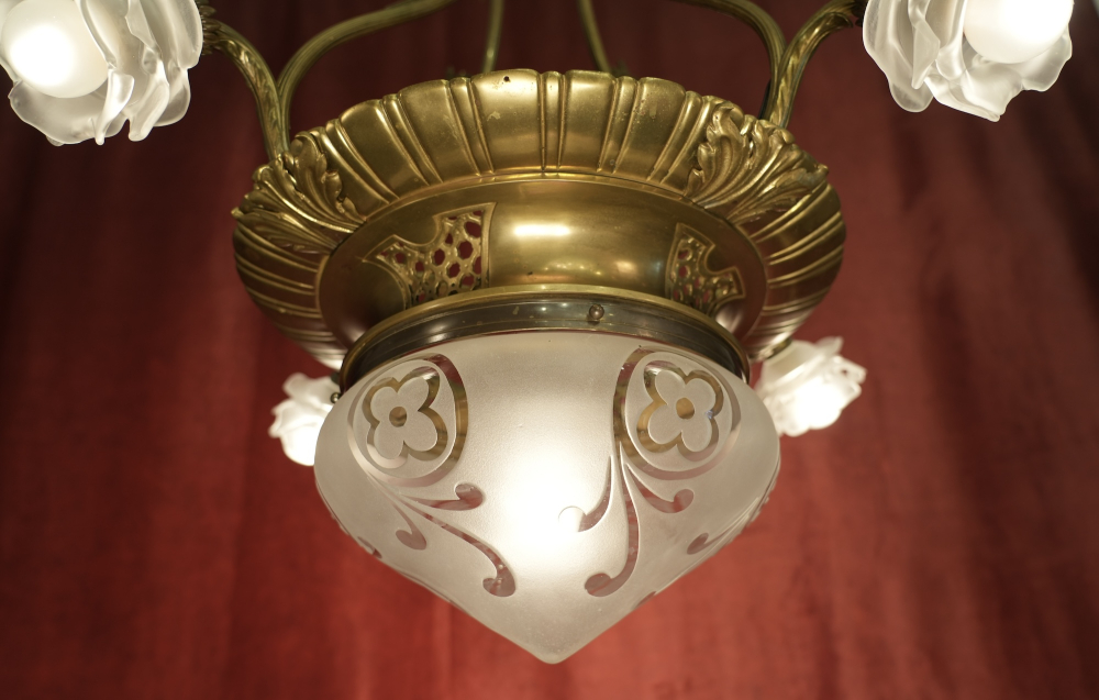 Antique French Art Nouveau Bronze Chandelier with Rose Glass Shades and Large Etched Center Bowl, circa 1900