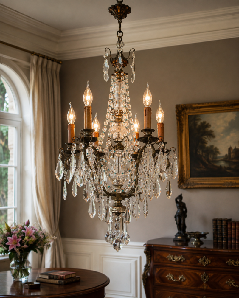 Antique Italian Murano Crystal Chandelier, Silvered Bronze, Venice, circa 1900–1920