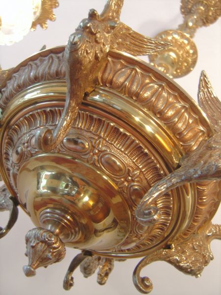 Französischer Drachen-Kronleuchter, 6-flammig, Messing, um 1970