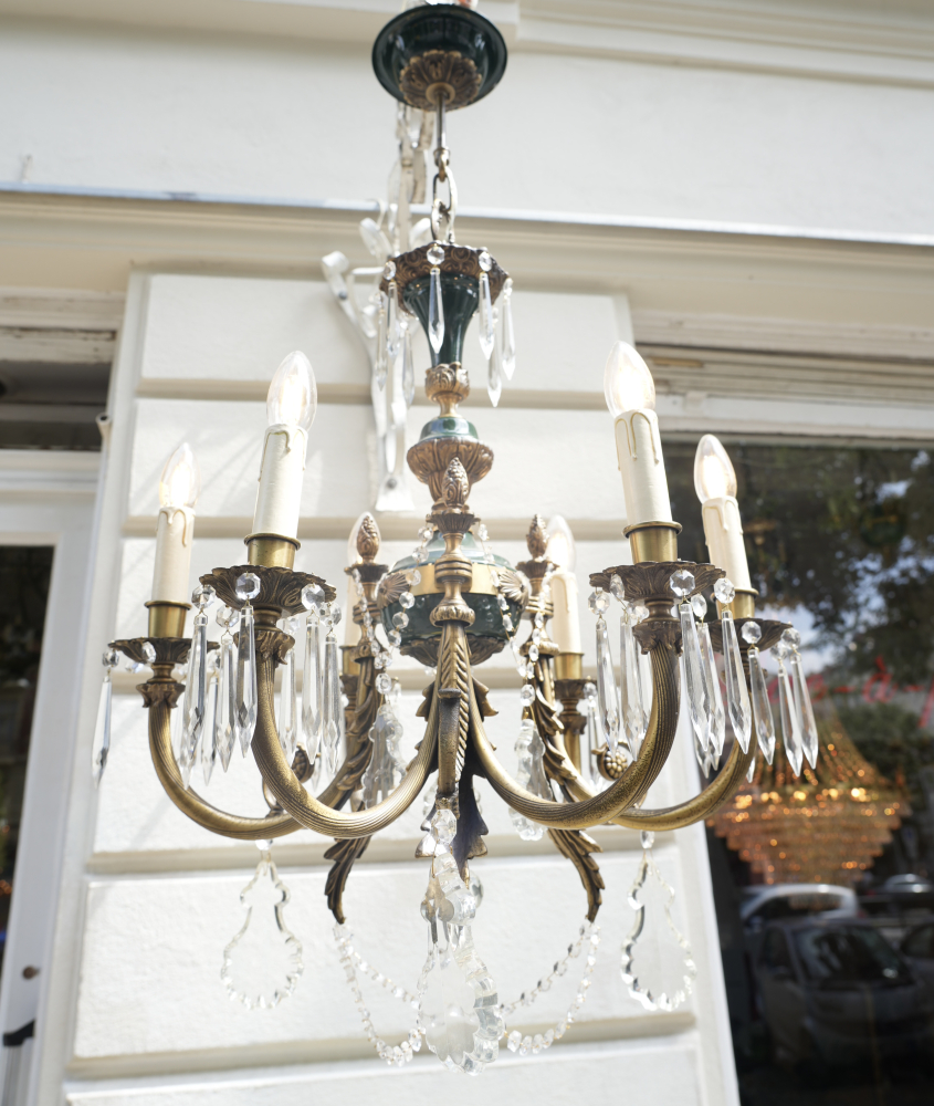 French-Style Bronze and Crystal Six-Light Chandelier, Circa 1970