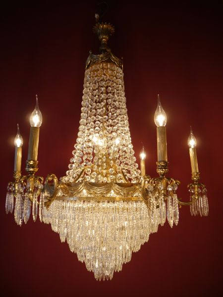 Großer Empire Kristall Korblüster Ø 83 cm – 15-flammiger Kronleuchter mit Goldbronzepatina