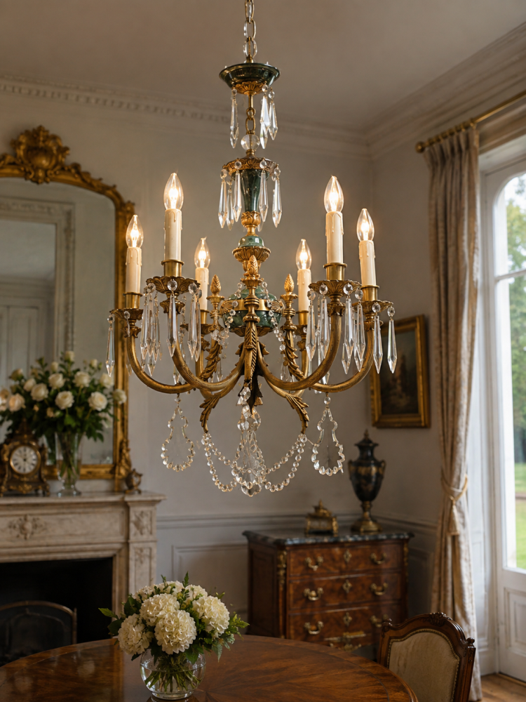 French-Style Bronze and Crystal Six-Light Chandelier, Circa 1970