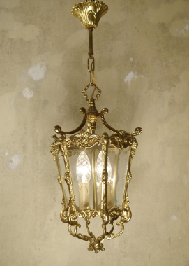 French Brass & Glass Lantern Chandelier – Vintage Ceiling Light 1960s