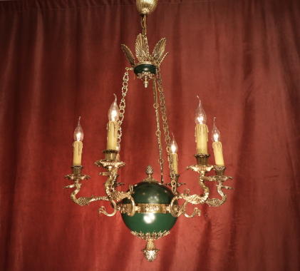 tall Empire chandelier with dark green lacquered brass figures