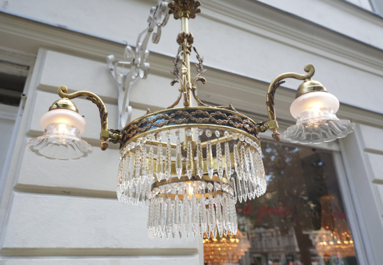 Empire Kronleuchter/ antike Lampe mit seltenem Zapfenschliff Kristallbehang 4-flammig