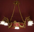 large antique 5 fl. Brass lamp chandelier satin rose petal shades sold to Berlin Germany