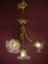 ANTIQUE 4 LIGHT FINE ART NOUVEAU LIGHT BRASS LAMP CHANDELIER SATINED GLASS