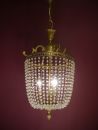 Berlin- OLD BRONZE GLASS PEARLS BASKET LAMP CHANDELIER LUSTRE USED 3 LIGHT