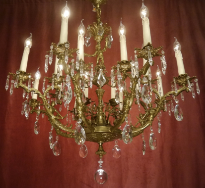 großer seltener alter Kronleuchter Bronze Kristall figürlich 16 Lampen