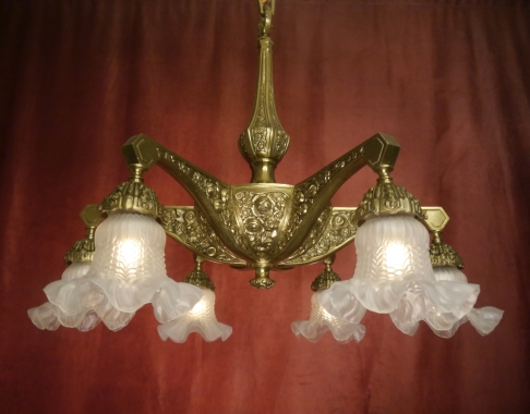 Rarität Art Deco Bronze Kronleuchter alte Lampe satiniertes Glas