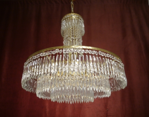 stylischer alter 50-60iger Jahre Stufenlüster Messing glänzend Glaszapfen