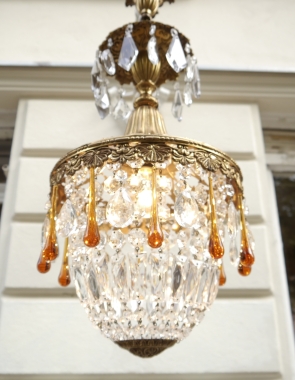 small basket chandelier ceiling lamp amber-colored crystal solid brass