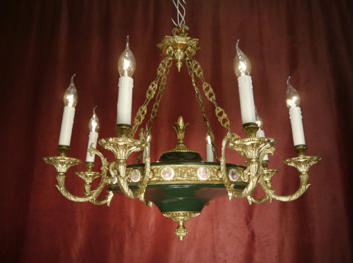 rare empire chandelier well suited for low ceilings green lacquer baroque painting Decorated chains