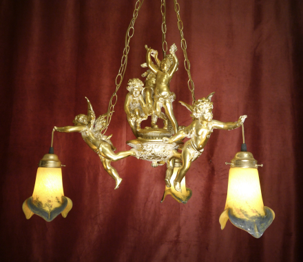 Large tall Art Nouveau Chandelier Lamp with colored delicate glass shade, Berlin