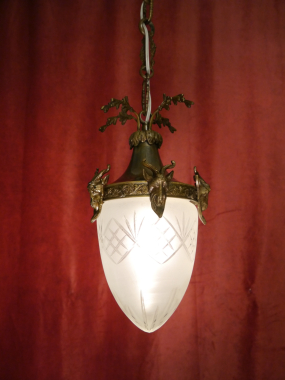 Bronze Chandelier antique Ceiling lamp Art Nouveau cut satined glass c. 1910