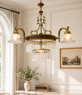 Empire Kronleuchter/ antike Lampe mit seltenem Zapfenschliff Kristallbehang 4-flammig