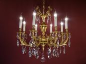 8 fl. Blickfang, Kronleuchter Lüster Goldbronze - Bleikristallbehang!